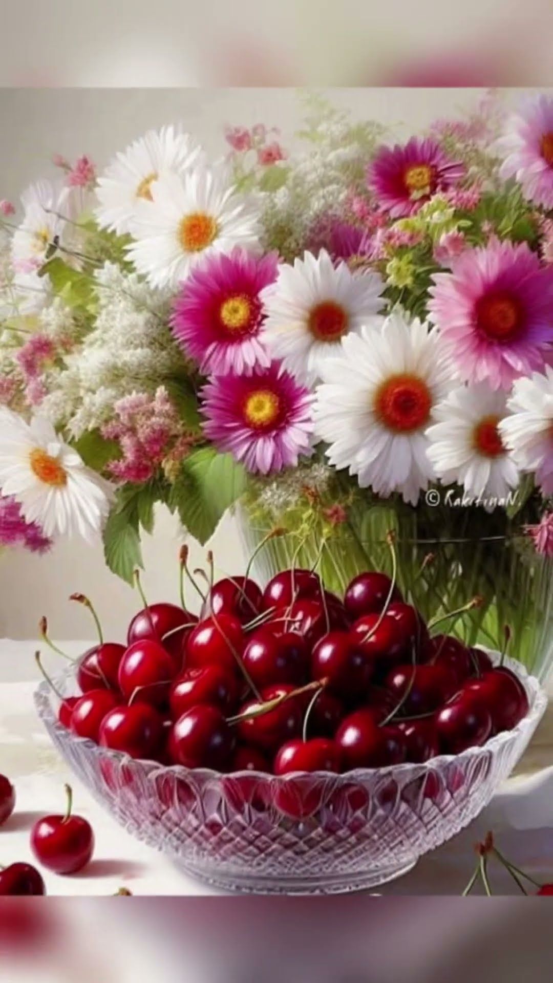 Открытка «Пожелание»: Летний букет и сочная вишня: прекрасное настроение. Тэги: красивая, позитив, хорошее настроение…