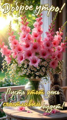 Открытка «Кот»: Доброе утро! Пусть день будет счастливым. Тэги: животное, пожелание, утро, красивая, позитив, хорошее…