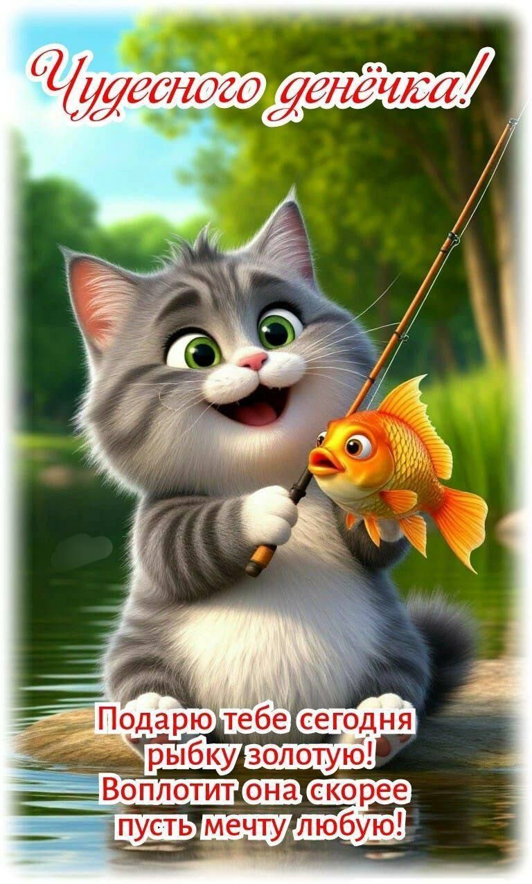 Открытка «Кот»: Чудесного денёчка! Пожелание с золотой рыбкой. Тэги: животное, пожелание, улыбка, красивая, позитив…