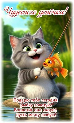 Открытка «Кот»: Чудесного денёчка! Пожелание с золотой рыбкой. Тэги: животное, пожелание, улыбка, красивая, позитив…