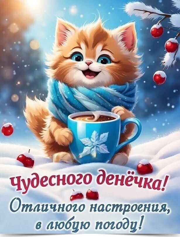 Открытка «Кот»: Чудесного денёчка! Отличное настроение и милый кот. Тэги: животное, пожелание, улыбка, шарф, красивая…