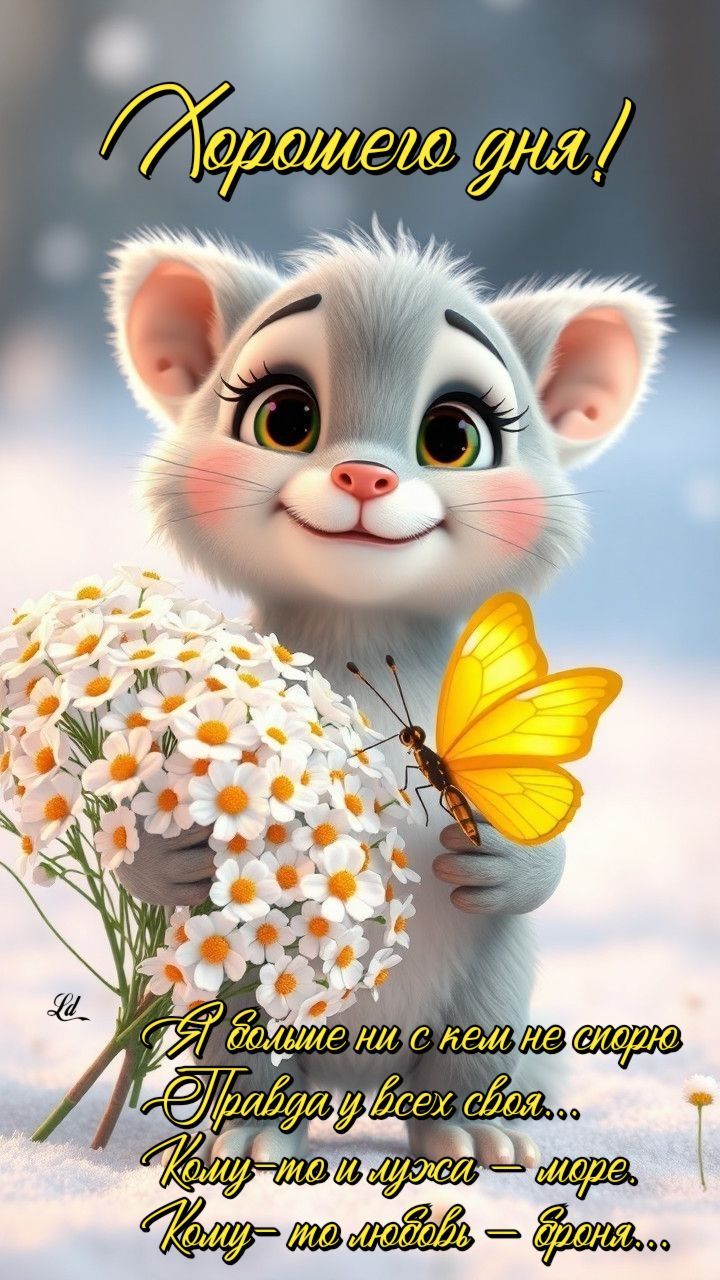 Открытка «Кот»: Хорошего дня! Пожелание с милым котиком и цветами. Тэги: пожелание, улыбка, красивая, позитив, радость…