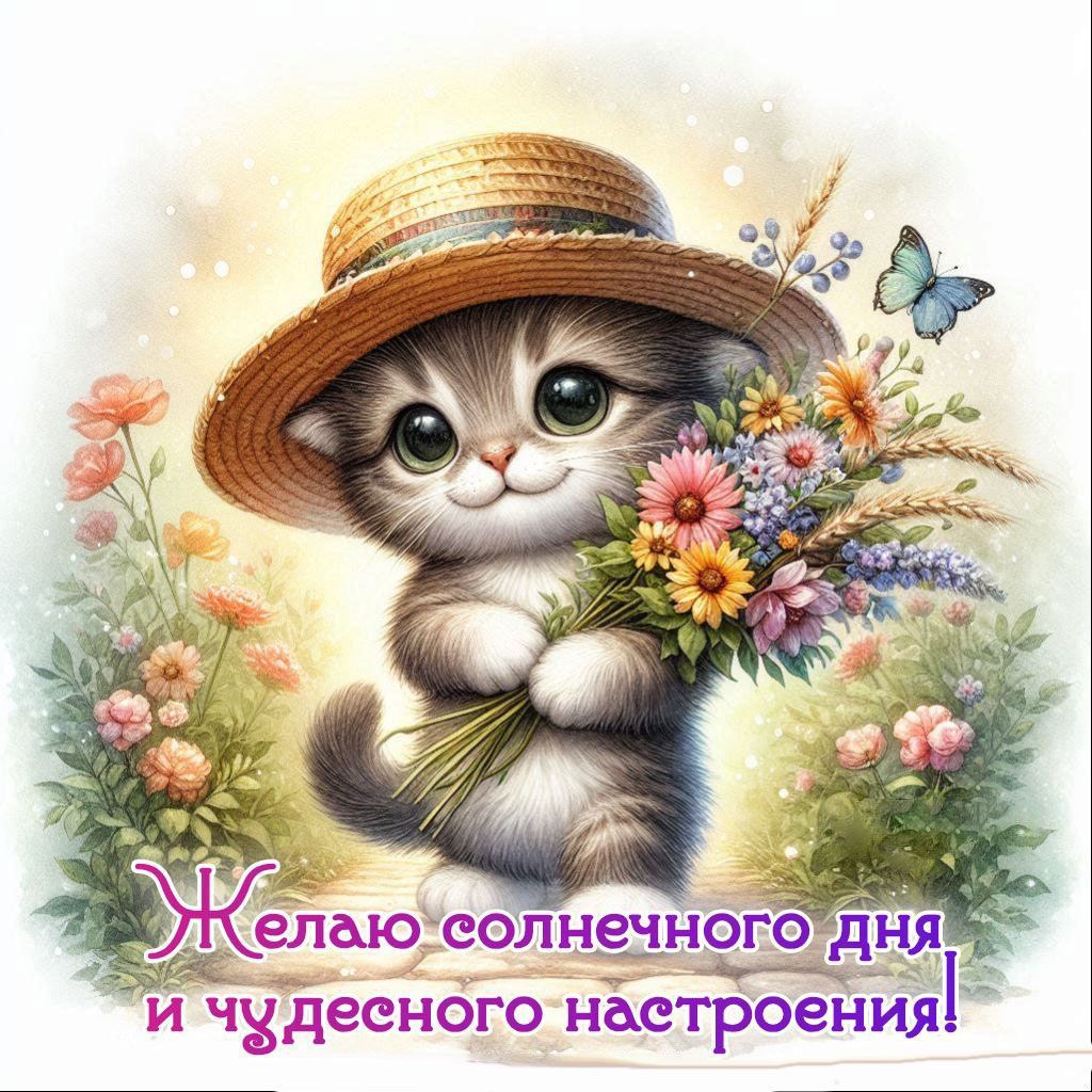 Открытка «Кот»: Пожелание солнечного дня и чудесного настроения с милым котом. Тэги: животное, пожелание, улыбка…