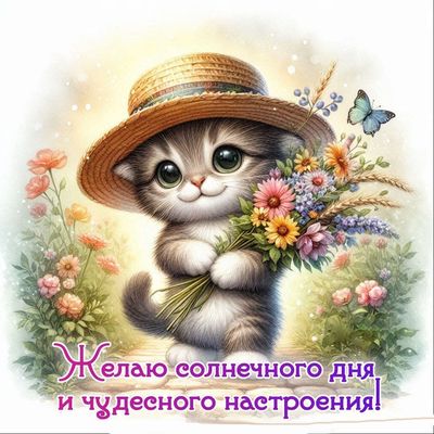 Открытка «Кот»: Пожелание солнечного дня и чудесного настроения с милым котом. Тэги: животное, пожелание, улыбка…
