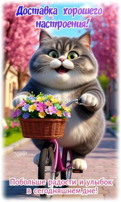 Открытка «Кот»: Доставка хорошего настроения: милый кот и цветы. Тэги: пожелание, улыбка, позитив, хорошее настроение…