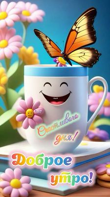 Открытка «Пожелание»: Доброе утро! Счастливого дня с улыбкой и бабочкой. Тэги: прикольная, улыбка, утро, красивая…