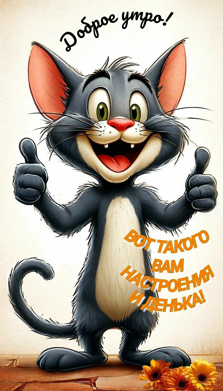 Открытка «Кот»: Доброе утро! Отличного настроения и дня!. Тэги: животное, пожелание, прикольная, смешная, улыбка, утро…