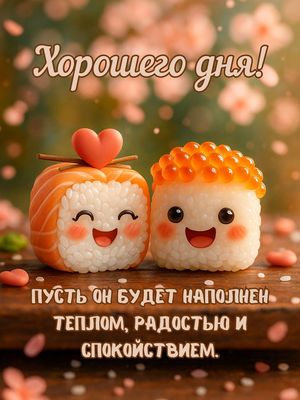 Открытка «Пожелание»: Хорошего дня! Радость и спокойствие с милыми суши. Тэги: улыбка, друг, красивая, позитив…