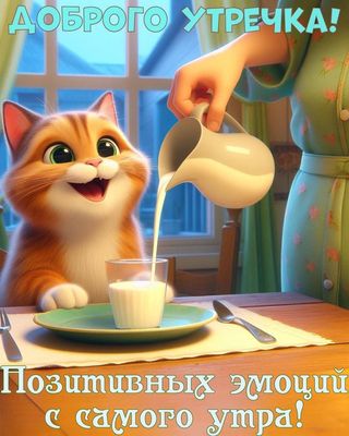 Открытка «Кот»: Доброго утречка! Позитив с милым котом и молоком. Тэги: животное, пожелание, улыбка, утро, красивая…