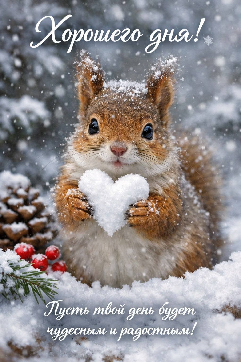 Открытка «Хорошего дня»: Хорошего дня! Милая белочка со снежным сердцем. Тэги: животное, пожелание, улыбка, позитив…