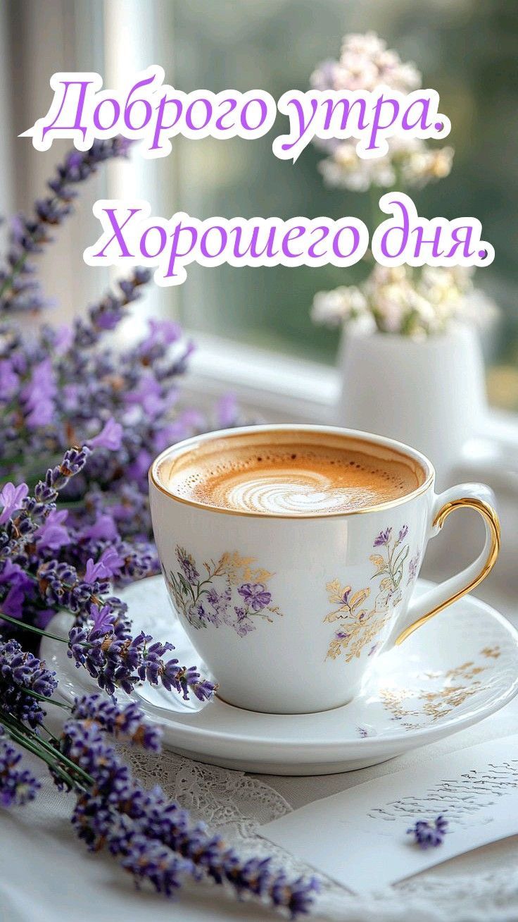 Открытка «Пожелание»: Доброе утро: красивая открытка с кофе и лавандой. Тэги: утро, красивая, кофе, радость, цветок…