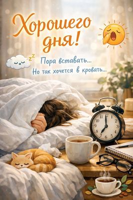 Открытка «Кот»: Хорошего дня! Уютное утро и теплые пожелания. Тэги: пожелание, прикольная, улыбка, утро, красивая…