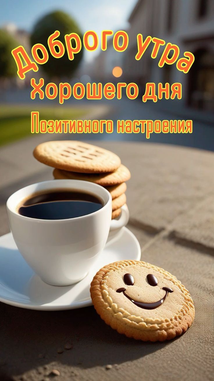 Открытка «Пожелание»: Доброго утра и хорошего дня! Позитивное настроение. Тэги: улыбка, утро, красивая, кофе, позитив…