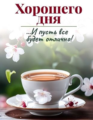 Открытка «Пожелание»: Хорошего дня и отличного настроения!. Тэги: красивая, кофе, позитив, радость, цветок, чашка…