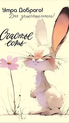 Открытка «Животное»: Утра Доброго и Счастья: Зайчик с цветком. Тэги: пожелание, улыбка, позитив, радость, цветок…