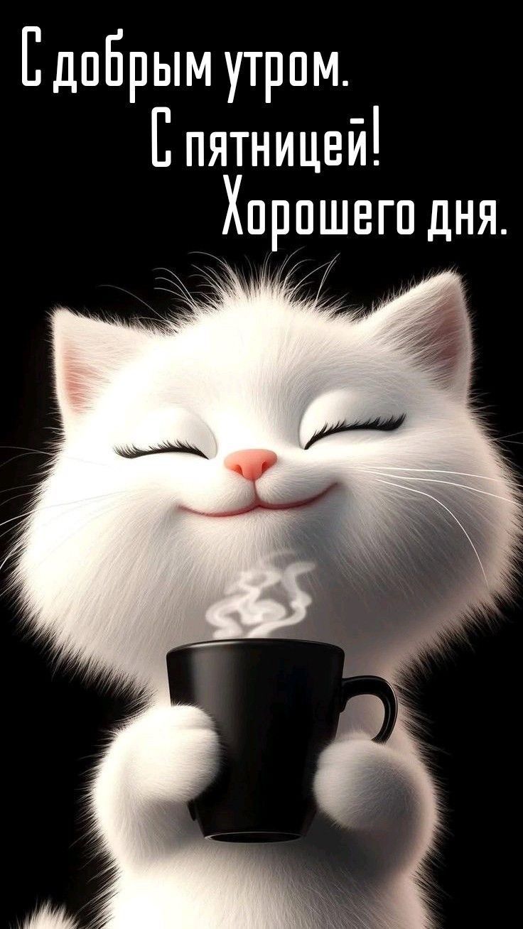 Открытка «Кот»: Доброе утро пятницы: милый кот и кофе. Тэги: животное, пожелание, улыбка, кофе, позитив, радость…