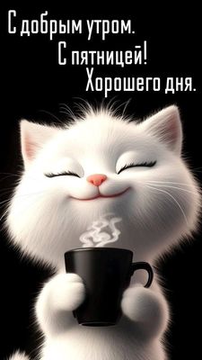 Открытка «Кот»: Доброе утро пятницы: милый кот и кофе. Тэги: животное, пожелание, улыбка, кофе, позитив, радость…
