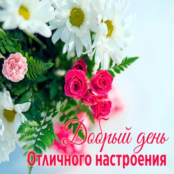 Открытка «Пожелание»: Добрый день! Отличного настроения с букетом цветов. Тэги: отличное настроение, подруга, женщина…