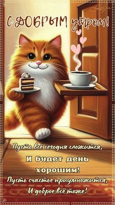 Открытка «Кот»: С добрым утром! Милый кот желает хорошего дня и счастья.. Тэги: животное, пожелание, утро, красивая…