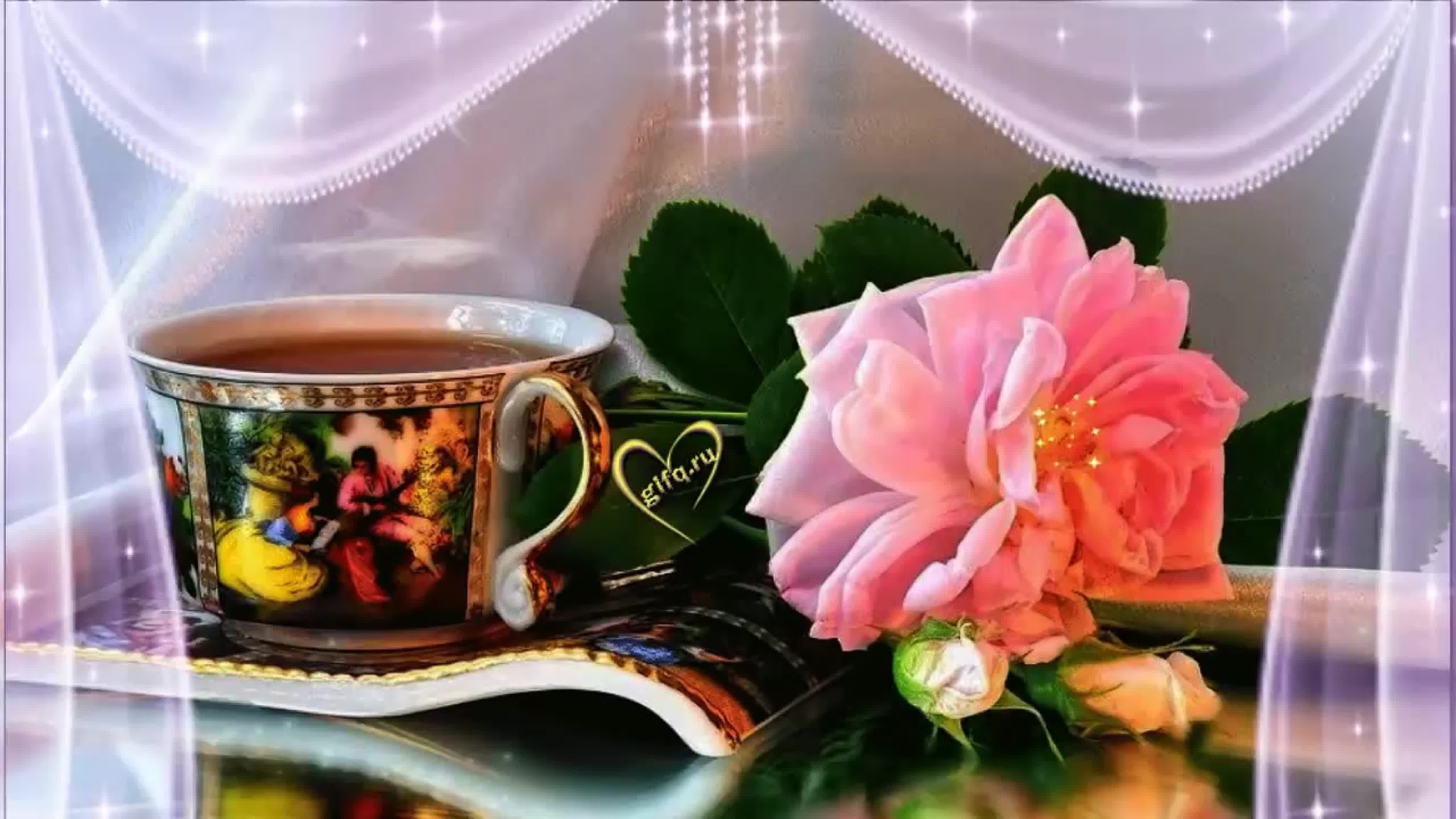 Открытка «Пожелание»: Уютное утро: Чашка чая и нежная роза. Тэги: утро, красивая, кофе, хорошее настроение, радость…