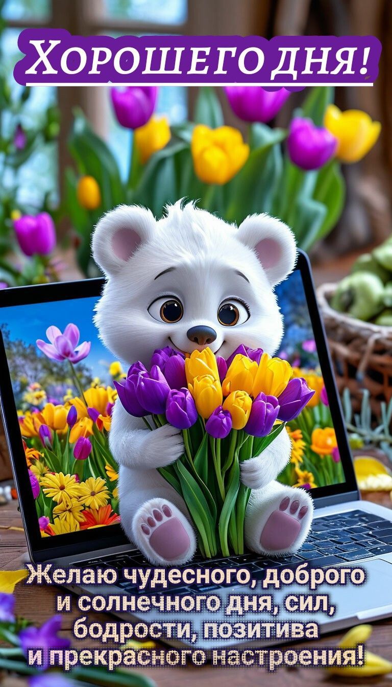 Открытка «Пожелание»: Хорошего дня! Пожелание с милым медведем и цветами. Тэги: друг, подруга, позитив, цветок…