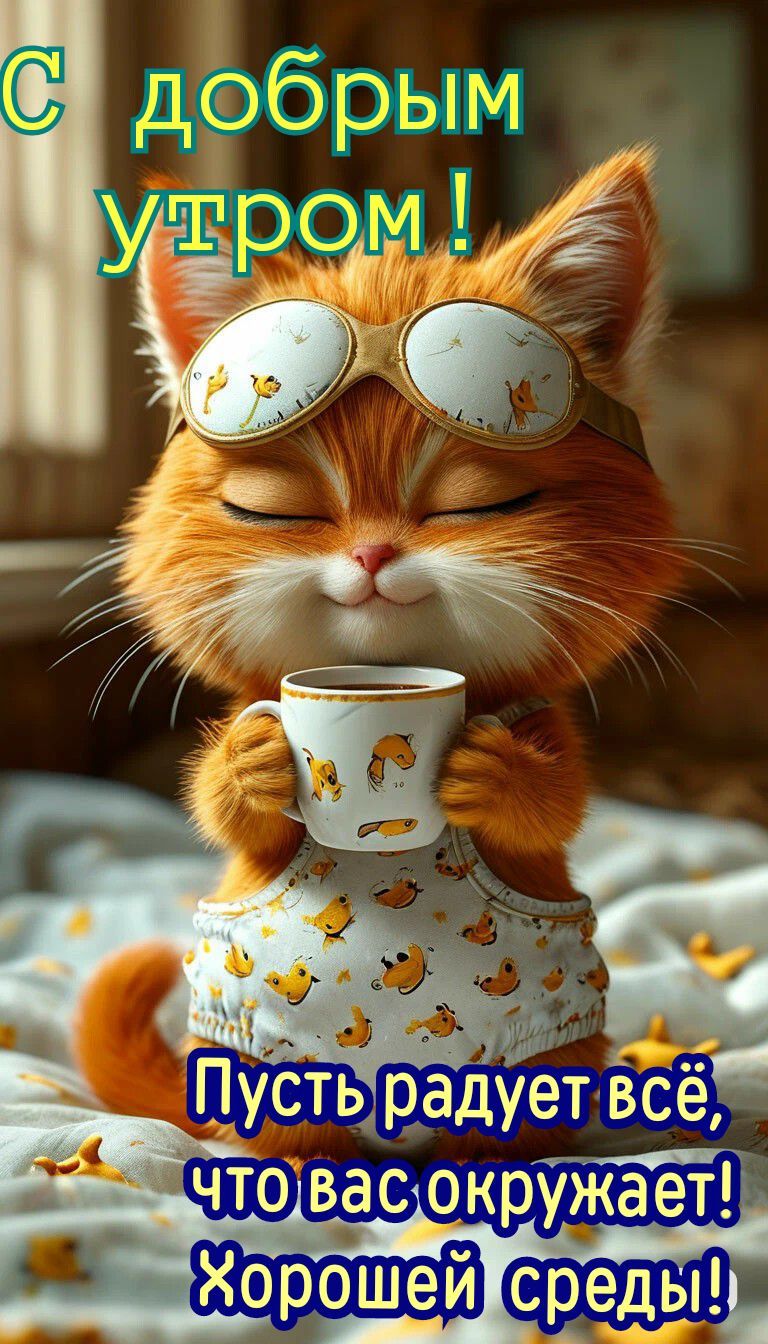 Открытка «Кот»: С добрым утром и хорошей средой! Кот с кофе. Тэги: животное, пожелание, улыбка, утро, кофе, позитив…