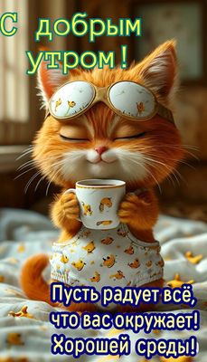 Открытка «Кот»: С добрым утром и хорошей средой! Кот с кофе. Тэги: животное, пожелание, улыбка, утро, кофе, позитив…