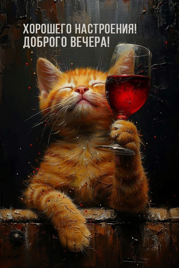 Открытка «Кот»: Добрый вечер! Котик с вином для хорошего настроения. Тэги: животное, пожелание, улыбка, красивая…