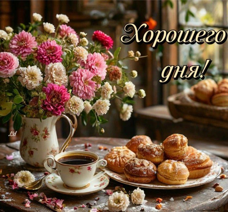 Открытка «Хорошего дня»: Хорошего дня! Цветы, кофе и прекрасное настроение. Тэги: пожелание, утро, красивая, кофе…