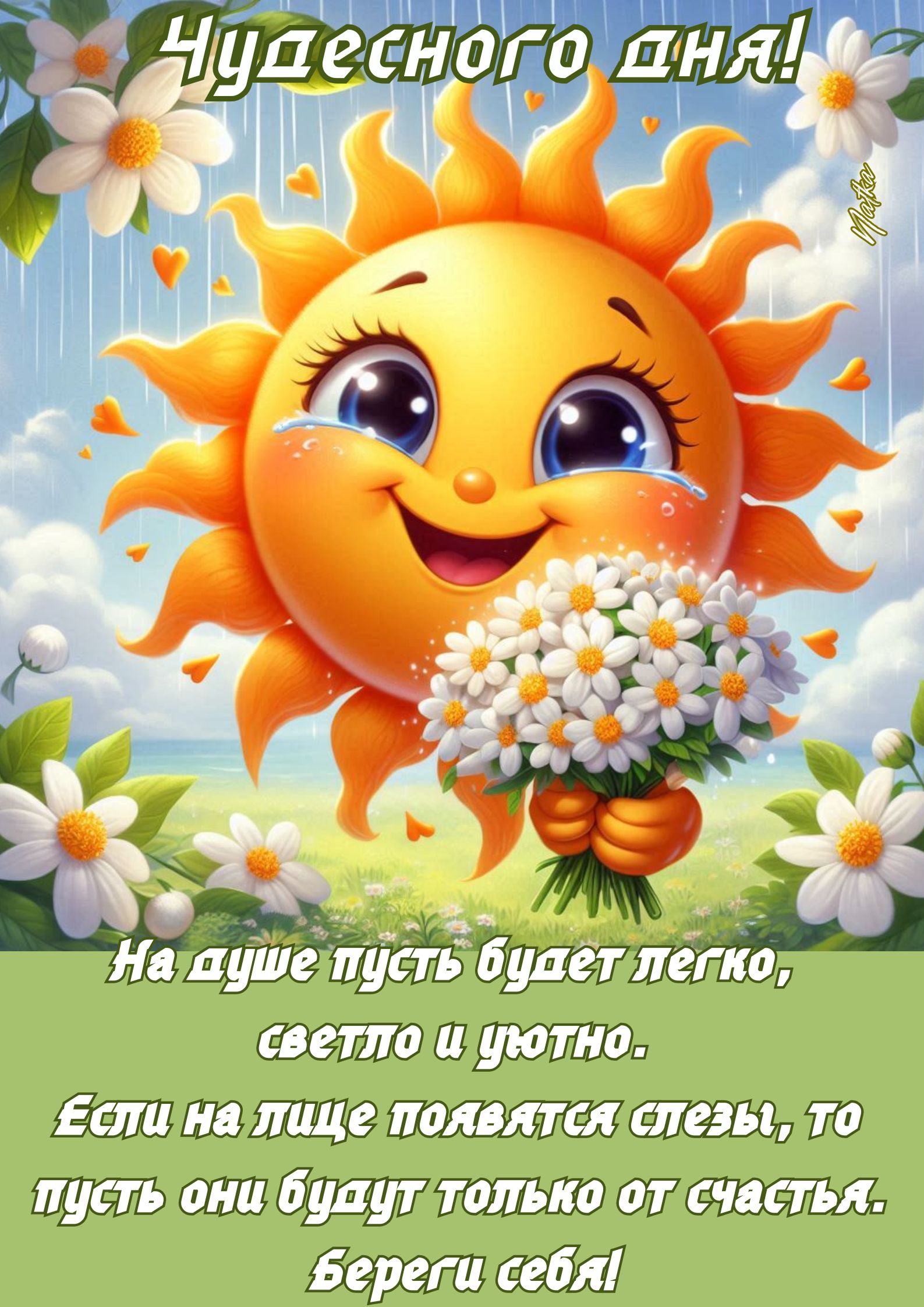 Открытка «Пожелание»: Чудесного дня! Солнце, цветы и счастье. Тэги: улыбка, позитив, радость, цветок, настроение…