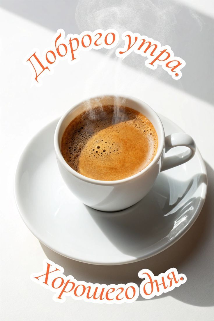 Открытка «Пожелание»: Доброго утра и хорошего дня с кофе. Тэги: утро, кофе, позитив, чашка, настроение, хороший день…