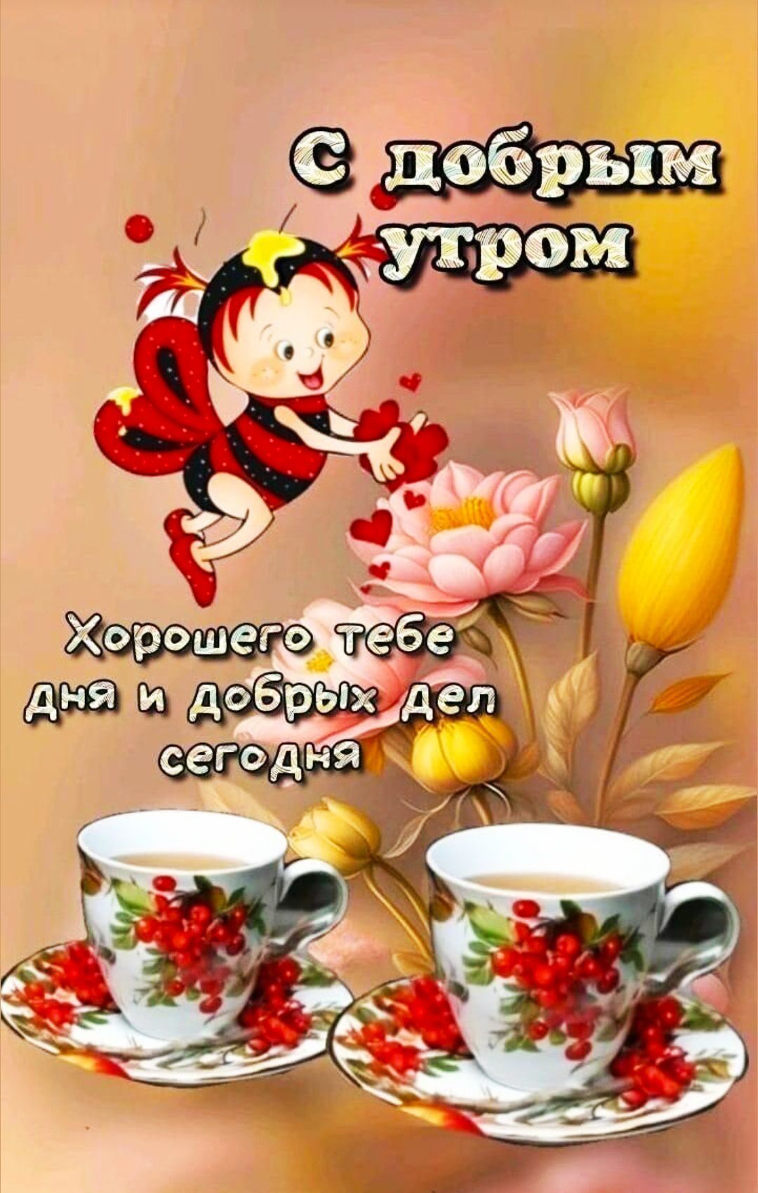 Открытка «Пожелание»: С добрым утром! Хорошего настроения и дня. Тэги: улыбка, утро, красивая, кофе, позитив, хорошее…