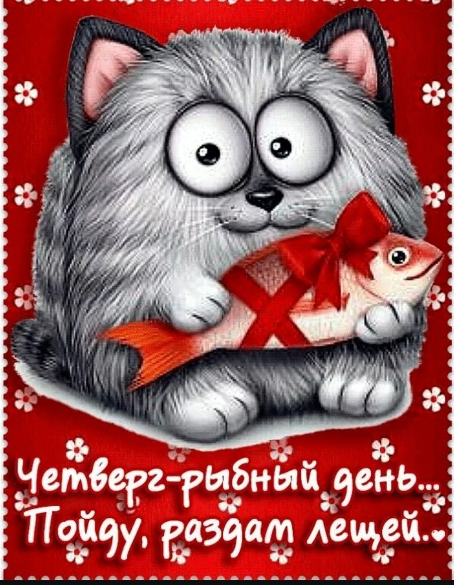 Открытка «Кот»: Четверг - рыбный день: забавная открытка с котом. Тэги: животное, юмор, прикольная, смешная, улыбка…