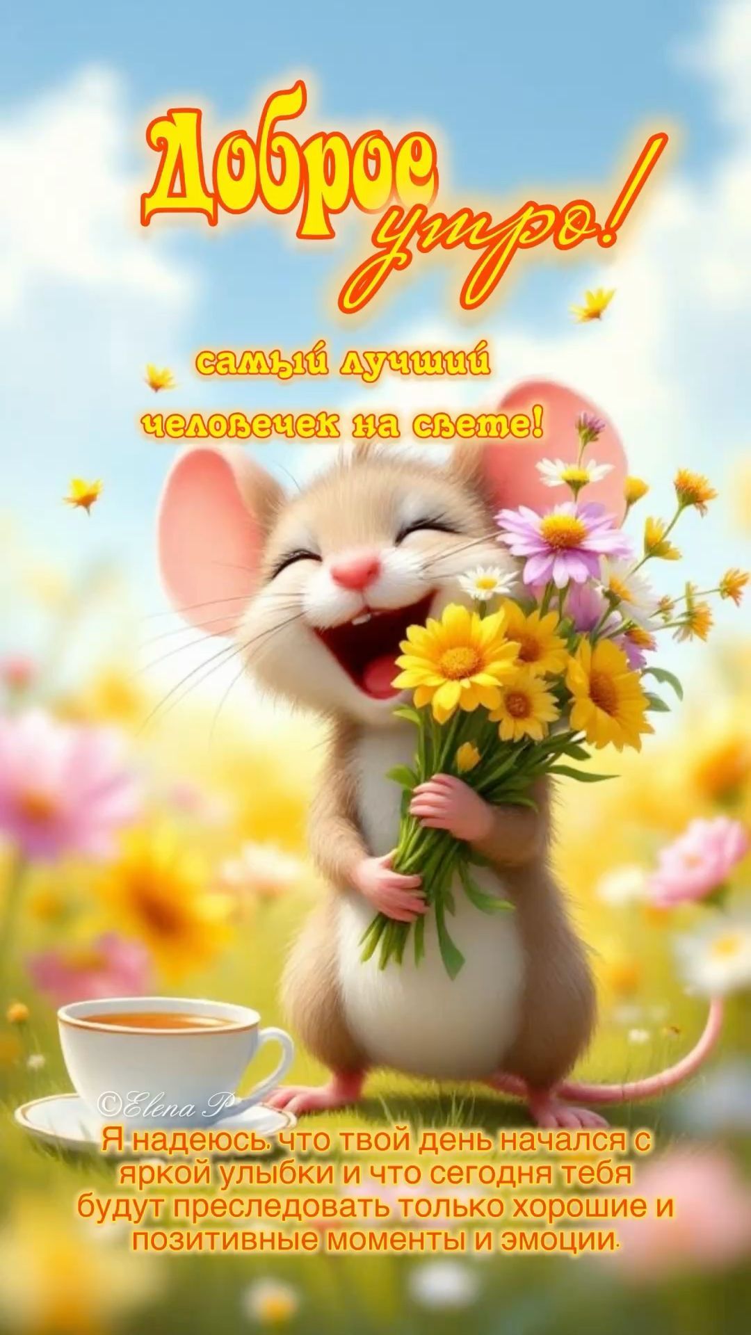 Открытка «Животное»: Доброе утро самому лучшему человечку! Улыбка и позитив. Тэги: пожелание, улыбка, утро, друг…