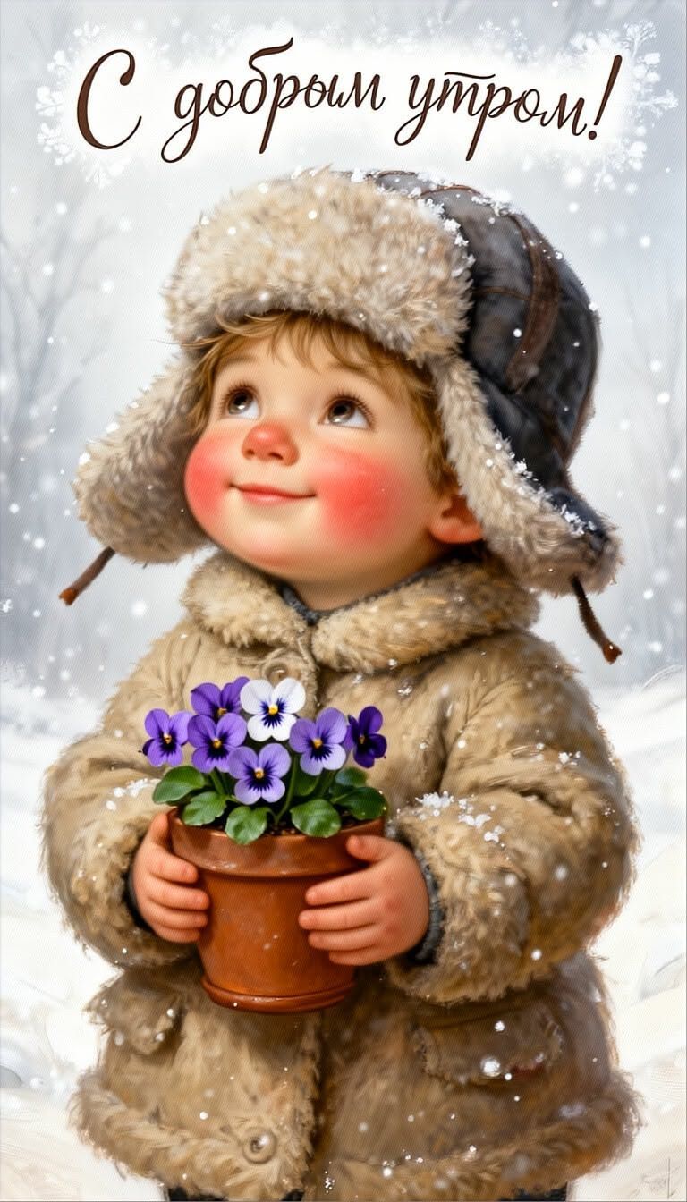 Открытка «Пожелание»: С добрым утром! Милый ребенок с цветами в зимнее утро. Тэги: улыбка, утро, красивая, позитив…