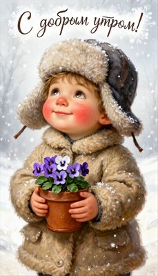 Открытка «Пожелание»: С добрым утром! Милый ребенок с цветами в зимнее утро. Тэги: улыбка, утро, красивая, позитив…