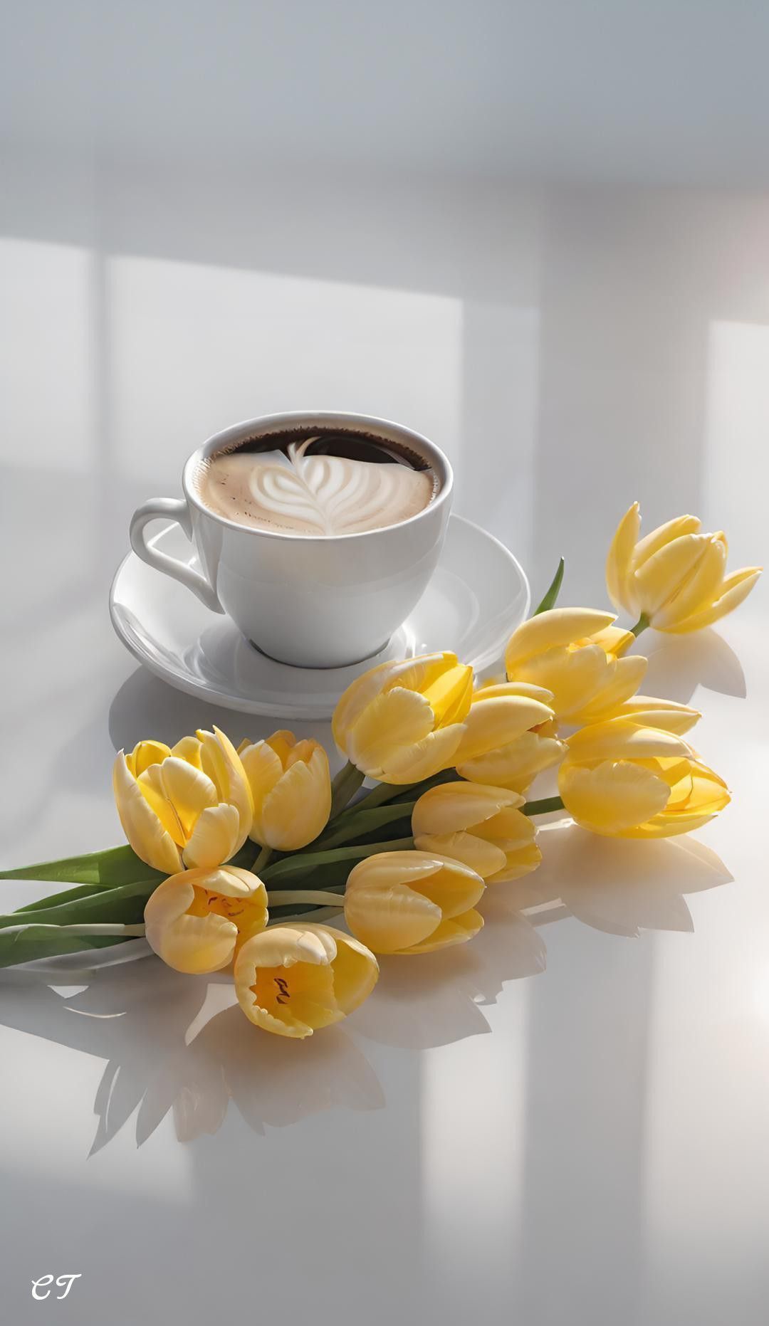 Открытка «Пожелание»: Прекрасное утро: кофе и нежные тюльпаны. Тэги: утро, красивая, кофе, радость, сердце, цветок…