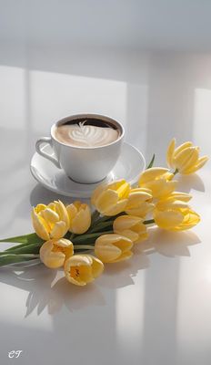 Открытка «Пожелание»: Прекрасное утро: кофе и нежные тюльпаны. Тэги: утро, красивая, кофе, радость, сердце, цветок…
