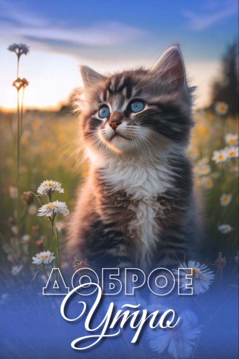 Открытка «Животное»: Доброе утро! Милый котенок для прекрасного настроения. Тэги: пожелание, улыбка, утро, красивая…