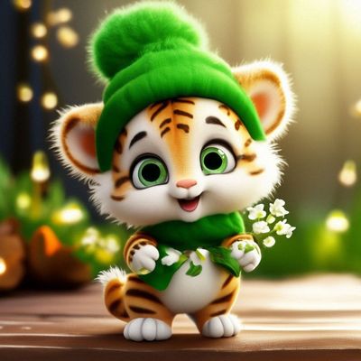 Открытка «Животное»: Милый тигренок в зеленой шапке дарит хорошее настроение!. Тэги: пожелание, улыбка, шапка, шарф…