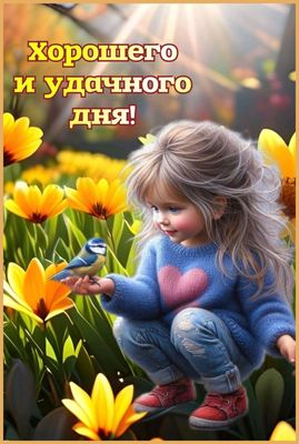 Открытка «Хорошего дня»: Хорошего и удачного дня! Девочка с птицей и цветами. Тэги: Добрый день, Удачного дня, Добрый…