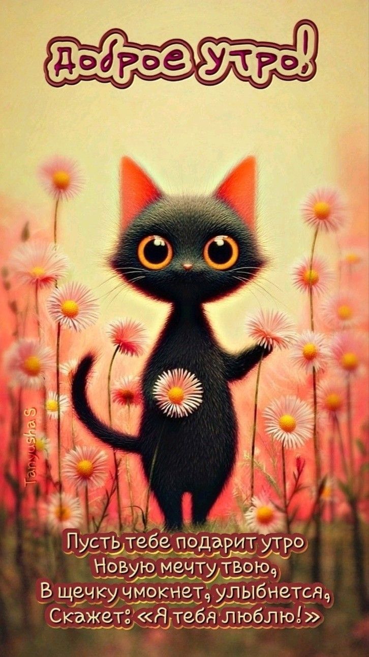 Открытка «Кот»: Доброе утро: милый кот, любовь и пожелание счастья. Тэги: пожелание, улыбка, утро, друг, подруга…