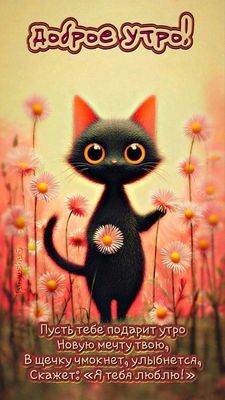 Открытка «Кот»: Доброе утро: милый кот, любовь и пожелание счастья. Тэги: пожелание, улыбка, утро, друг, подруга…