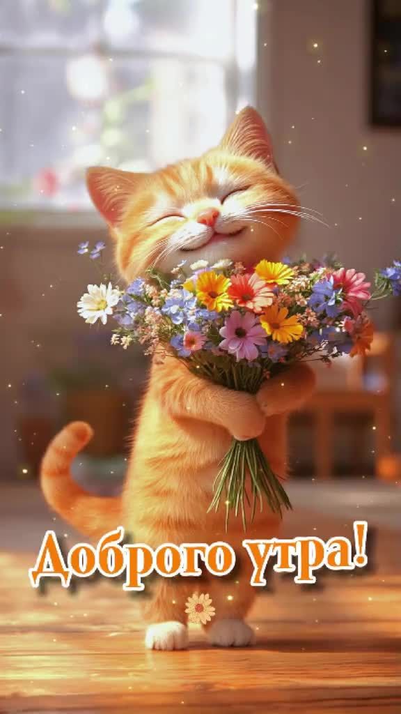 Открытка «Кот»: Доброе утро с милым котом и букетом цветов! Позитив!. Тэги: животное, пожелание, улыбка, утро, позитив…