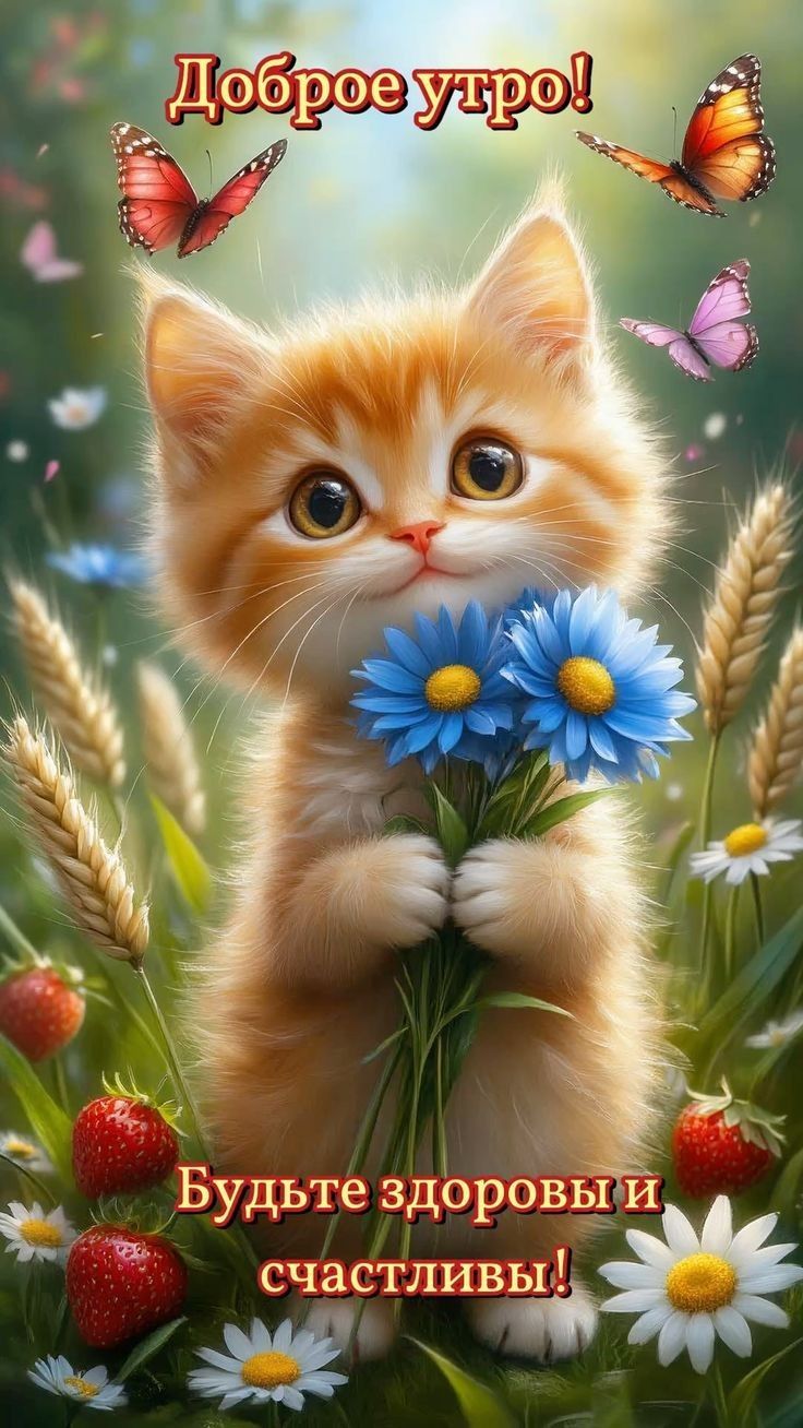 Открытка «Кот»: Доброе утро! Котик желает здоровья и счастья. Тэги: пожелание, красивая, позитив, хорошее настроение…