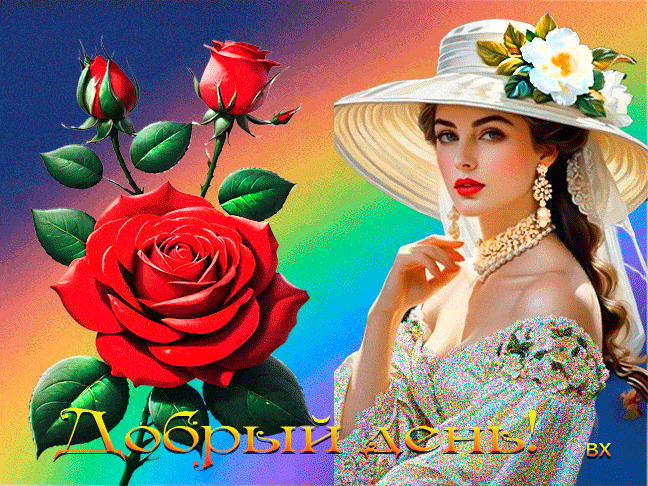 Открытка «Пожелание»: Добрый день! Красивая женщина и розы.. Тэги: женщина, красивая, позитив, добрый день, цветок…