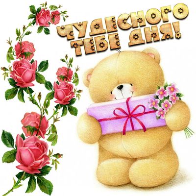 Открытка «Пожелание»: Чудесного дня! Милый мишка с подарком.. Тэги: улыбка, подруга, женщина, красивая, позитив…