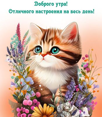 Открытка «Кот»: Доброго утра! Милый кот и отличное настроение. Тэги: животное, пожелание, отличное настроение, улыбка…