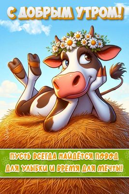 Открытка «Животное»: С добрым утром! Милая корова желает улыбок и мечты. Тэги: пожелание, улыбка, друг, женщина…