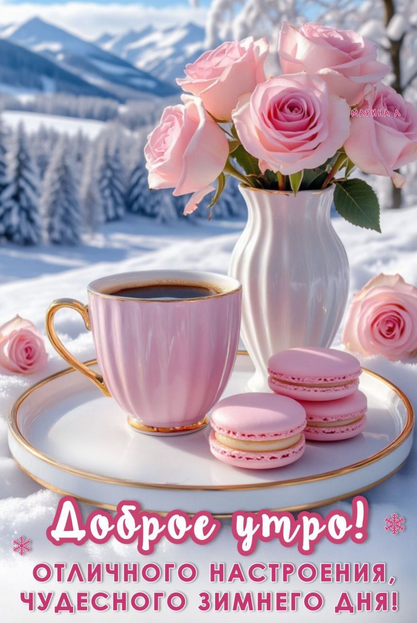 Открытка «Отличное настроение»: Чудесное зимнее утро: кофе, розы и отличное настроение!. Тэги: утро, красивая, кофе…